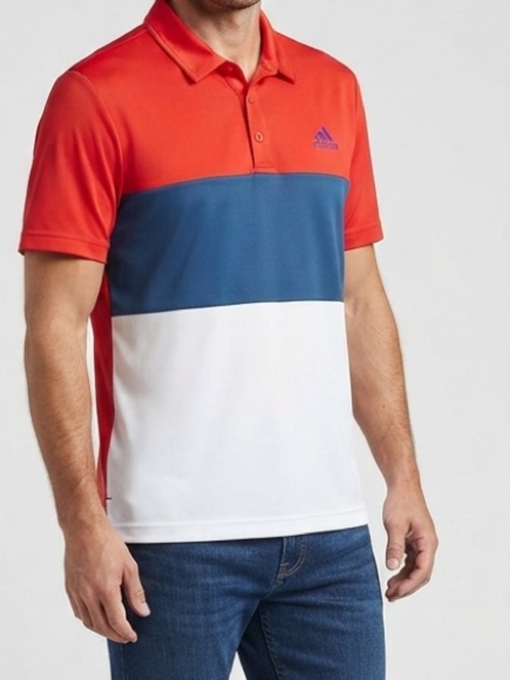 Adidas Golf Shirt - Red/Blue/White Colorblock Polo Shirt